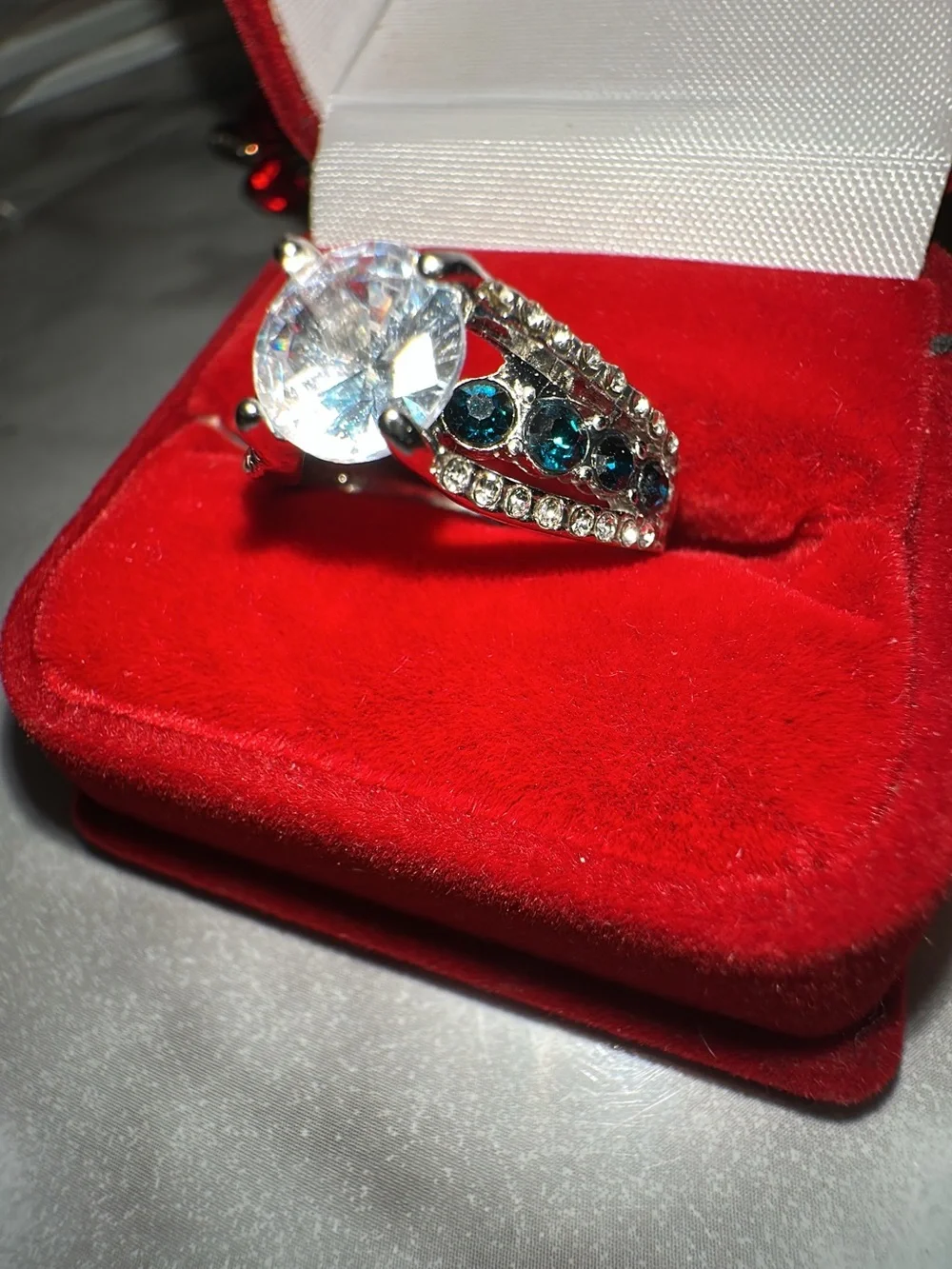 Silver-Tone Clear Crystal Statement Ring with Teal Accents